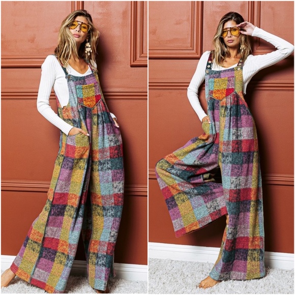 Bibi Multicolor Brushed Fabric Checkered Plaid Wide leg Jumpsuit - Picture 5 of 5